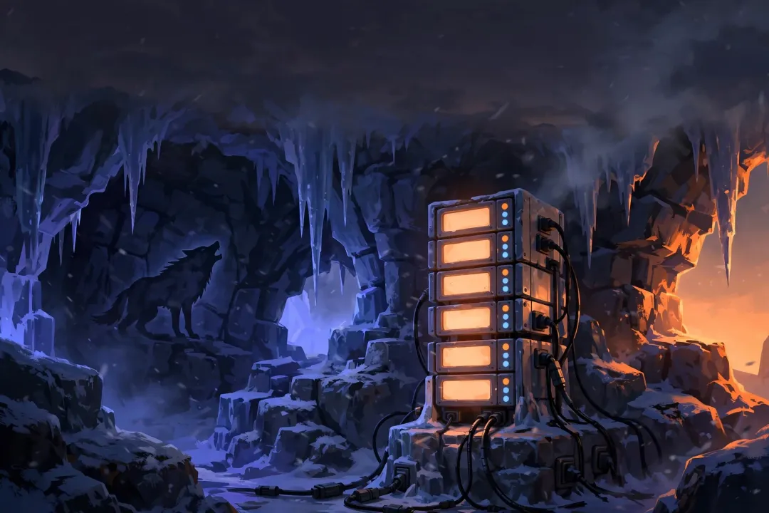 Stylised illustration of a glowing orange server rack standing in a snowy ice cave at dusk, with a wolf silhouette carved into the icy rock wall.